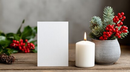 Blank greeting card mock up with white space beside a lit candle and festive greenery, creating a warm holiday atmosphere for seasonal celebrations and personal messages