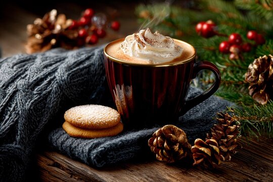 A steaming cup of coffee with whipped cream and spices sits on a knitted blanket. Nearby are cookies, pinecones, and red berries, setting a warm winter scene