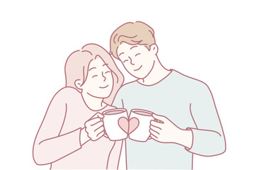 cozy white couple sharing heart mugs, holding matching cups forming heart shape, intimate kitchen morning with warm sunlight and soft pastel tones, gentle smiles and close embrace, domestic