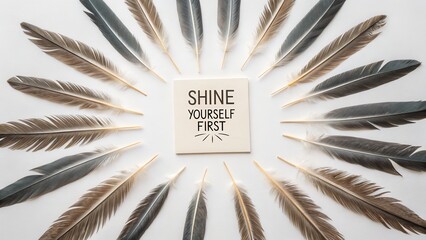 Feathers arranged like sun rays around a motivational quote