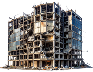 Crumbling Ruined Skyscraper with Exposed Steel Beams, Front View, Isolated on Transparent Background