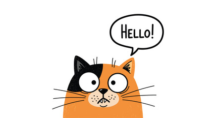 Obraz premium A funny and quirky cartoon illustration of a cute cat with big eyes saying 'Hello!' in a speech bubble on white.