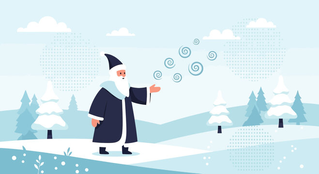 Whimsical winter scene featuring a wizard casting spells in a snowy landscape with stylized trees - Powered by Adobe