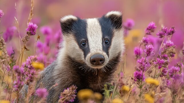 European Badger in Field of Wildflowers