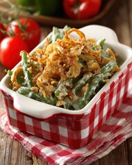 Green Bean Casserole in a Red and White Dish Displayed