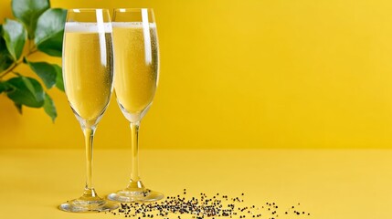 Two elegant champagne flutes filled with sparkling beverage, placed on vibrant yellow background, surrounded by scattered black seeds and green leaves, creating a festive celebration atmosphere