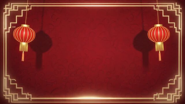 A traditional red and gold background with hanging Chinese lanterns and an ornate glowing frame, suitable for festive Asian holiday celebrations