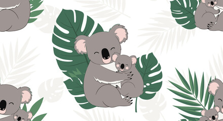 Naklejka premium A heartwarming seamless pattern of a mother koala hugging her baby surrounded by tropical monstera leaves on a white background.