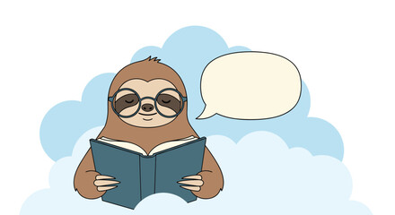 A charming cartoon sloth with glasses reading a book with a blank speech bubble for text set against a sky with clouds.
