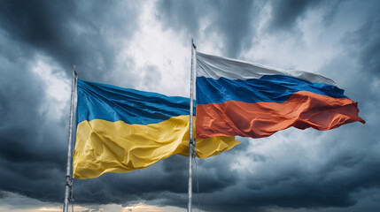 ukrainian flag and russian flag waving in cloudy sky. ukraine and russia relations