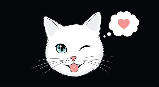 A cute and flirty cartoon white cat winking with its tongue out and thinking of a heart isolated on a black background.