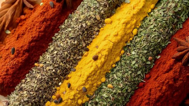 Colorful Spices and Herbs in Diagonal Rows