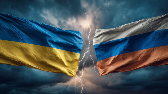 ukrainian flag and russian flag waving next to each other. lightning strike thunder in the background. ukraine and russia relations