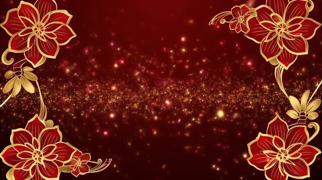 Elegant festive background with sparkling golden particles and intricate red and gold floral motifs, perfect for celebratory designs and traditional events