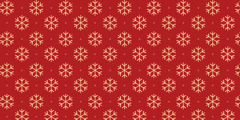 Elegant seamless pattern with golden snowflakes and tiny stars on a rich red background, perfect for Christmas wrapping paper, festive textiles, greeting cards, invitations and seasonal holiday design
