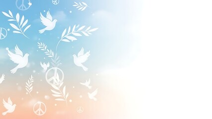 Peaceful image featuring doves, olive branches, and peace symbols against a gradient background.