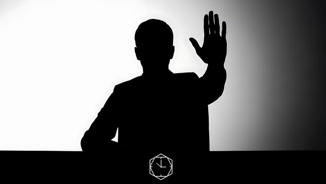 A stark black and white silhouette of an anonymous person sitting at a desk and raising a hand in a stop gesture. - Powered by Adobe