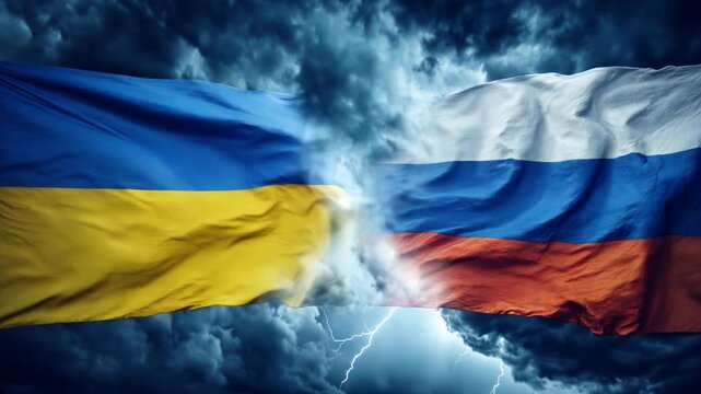 ukrainian flag and russian flag waving next to each other. lightning strike thunder in the background. ukraine and russia relations