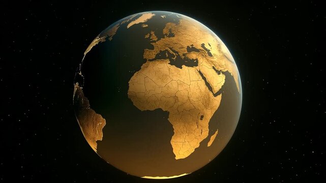 A glowing golden Earth floats in space, with Africa, Europe, and the Middle East prominently illuminated against a dark star-filled background. Subtle topography and country borders are etched into th