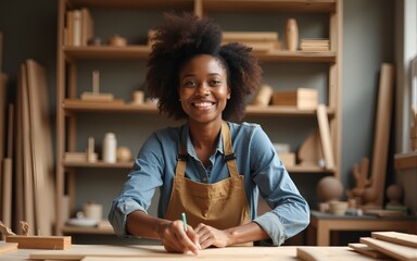Young attractive african american female carpenter in wood working in small business workshop. Wood industry and furniture industrial. High quality