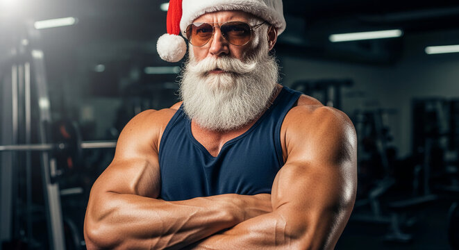 Muscular person with white beard and red hat in a gym, crossing arms, representing fitness and celebration, appropriate for holiday promotions - Powered by Adobe