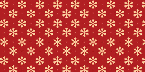 Elegant seamless pattern with golden snowflakes and tiny stars on a rich red background, perfect for Christmas wrapping paper, festive textiles, greeting cards, invitations and seasonal holiday design