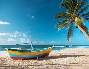 Obraz premium Colourful boat on sandy beach with palm