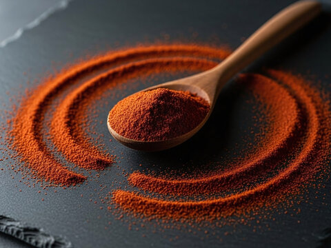 Vibrant red paprika powder in a wooden spoon, artfully arranged in a circular pattern on a dark slate surface, highlighting its rich color and texture