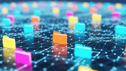 Digital file folders on abstract network grid representing data storage and connectivity.