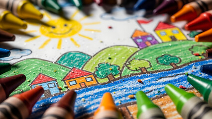 Fototapeta premium Colorful drawing created with crayons depicting sun and houses 