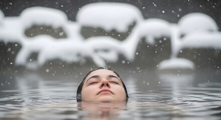 Woman Relaxing in Hot Spring or Outdoor Winter Spa During Snowfall for Wellness