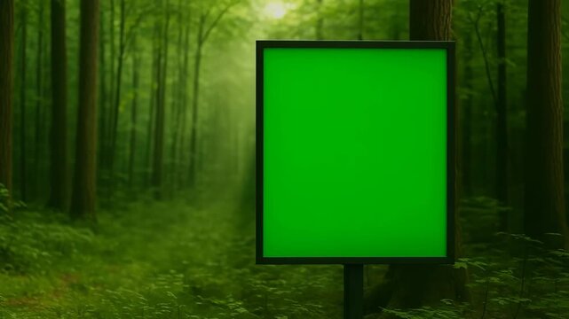 A square, bright green billboard stands in the middle of a lush, green forest. The vivid color of the sign contrasts sharply with the natural greenery of the trees and undergrowth that surround it, gi