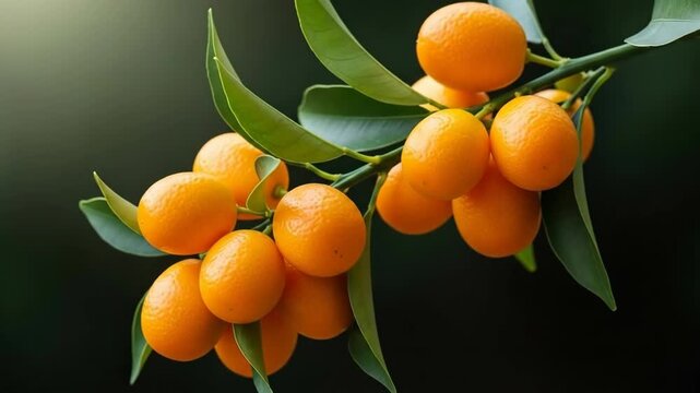 Glowing kumquats on sunlit branch swaying against dark green background