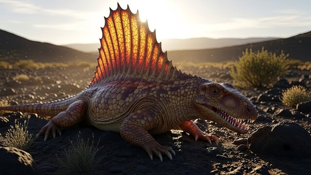 Dimetrodon basking in the warm glow of a prehistoric sunset.