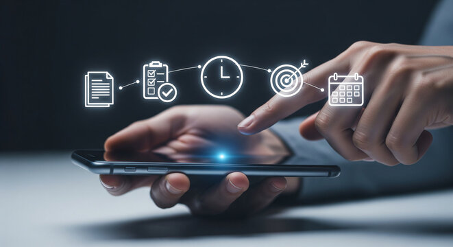 Person using smartphone to manage tasks and schedule, visualizing digital workflow and planning.