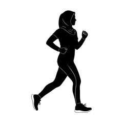 Silhouette of a woman wearing a hijab running against a white background