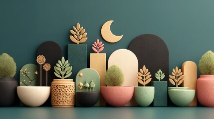 Memphis flat lay Ramadan background, top-down abstract layout, geometric shapes with subtle Islamic icons, smooth pastel palette,