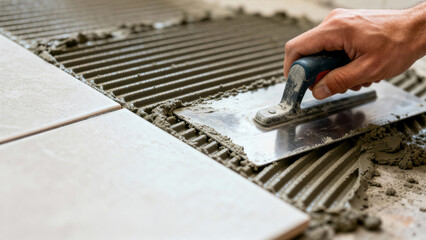 Hand applies adhesive with trowel while setting tiles on cement floor in construction area. Clean, organized environment reflects attention to detail