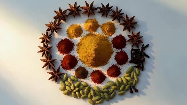 Colorful Spices in Circular Pattern on White Background