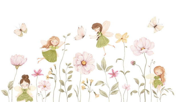 Cute watercolor composition with delicate flowers, green plants, fairies and butterflies. Isolated illustration floral meadow with characters for your design background, child room or wallpaper.