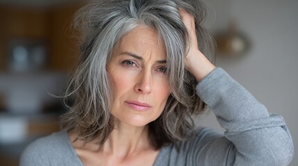 A woman with gray hair displays a worried expression while holding her head with one hand. She is indoors surrounded by soft lighting and a warm ambiance.