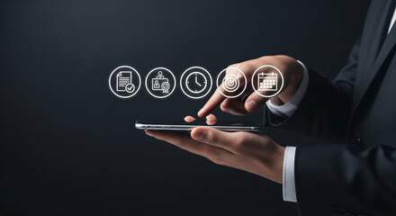 Businessman using a tablet to manage digital tasks and workflow with interactive icons.