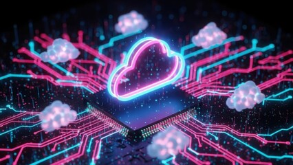 Neon cloud computing icon on futuristic circuit board with glowing data lines