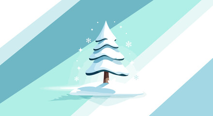 Cartoon winter landscape with snow-covered tree and light blue striped background