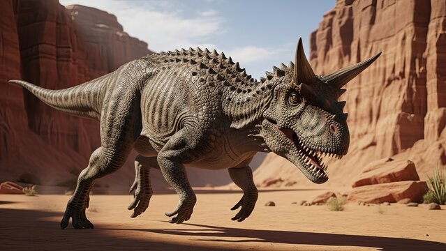 Majestic Carnotaurus Dinosaur Roaming Arid Desert Landscape Under Clear Sky.