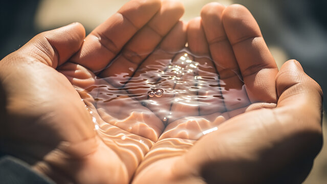 Hands holding clear water with soft ripples in natural light