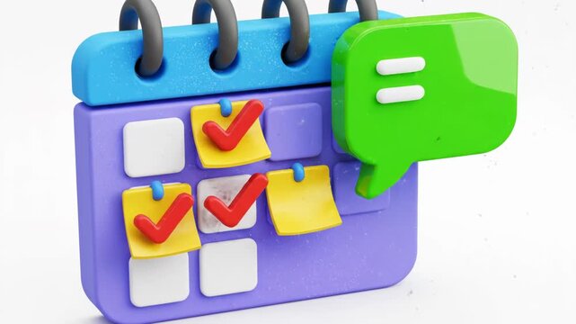 3d cute calendar icon with checkmark sticky note and speech bubble for scheduling reminder or task management isolated on white background