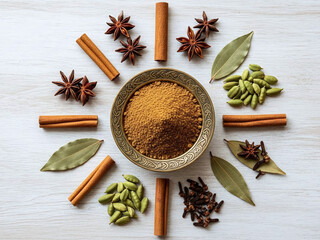 Circular arrangement of aromatic whole and ground spices, featuring cinnamon, star anise, cardamom, bay leaves, and cloves, on a light background