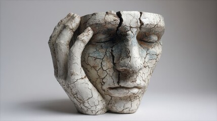 This artwork features a detailed sculpture of a cracked human face resting on a hand expressing deep emotion. The piece showcases themes of fragility and contemplation in an artistic setting.