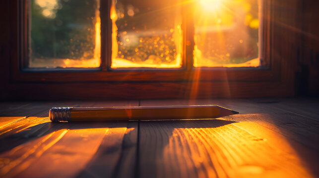 Wooden pencil on desk illuminated by golden sunlight, creating a warm and creative atmosphere